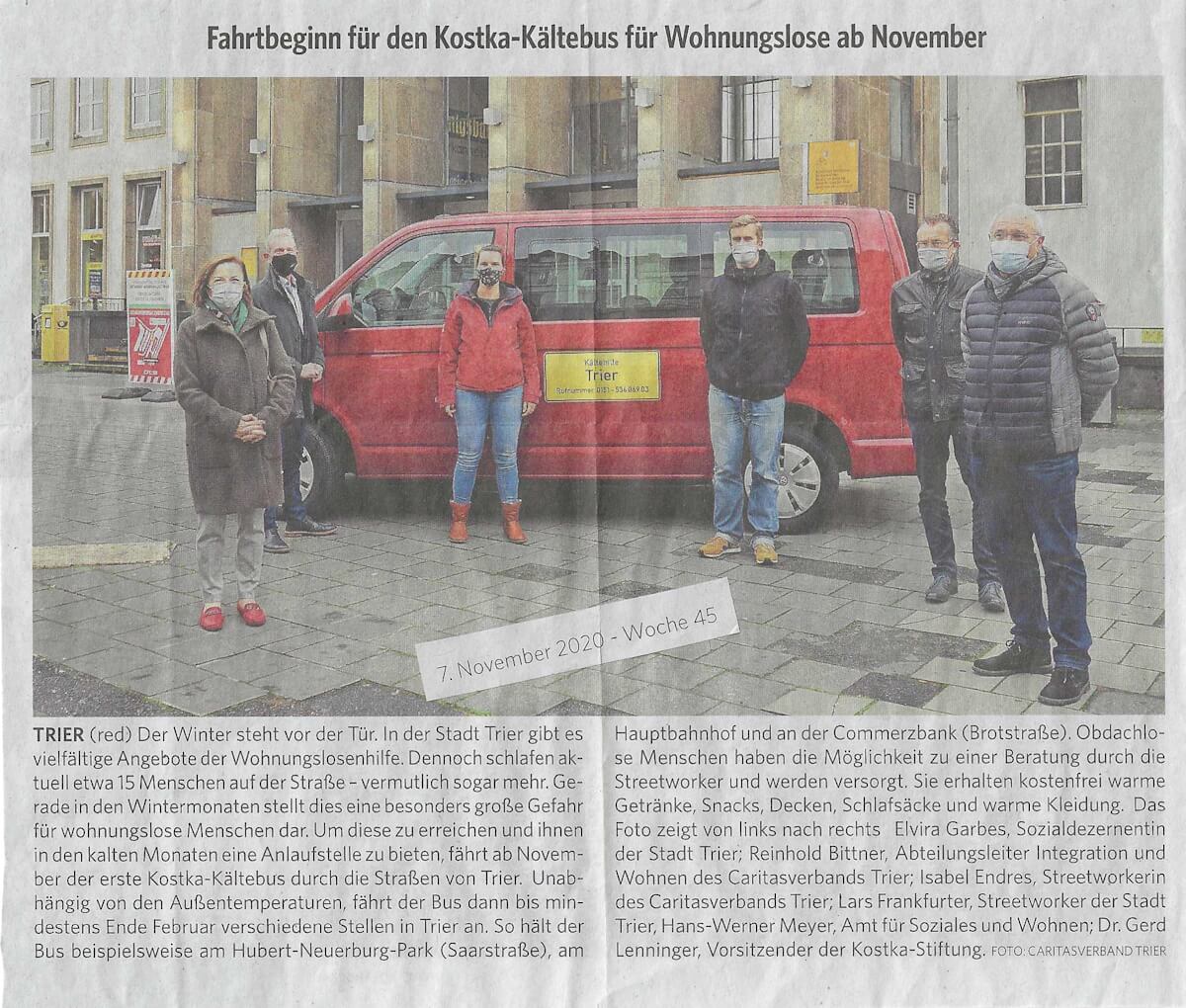Presseartikel - Fahrtbeginn für den Kostka-Kältebus für Wohnungslose ab November